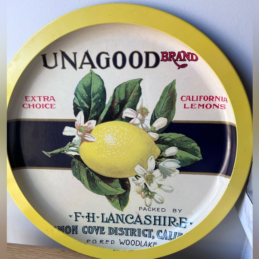 Vintage Antique Style Metal Tin Round Serving Tray California Lemons